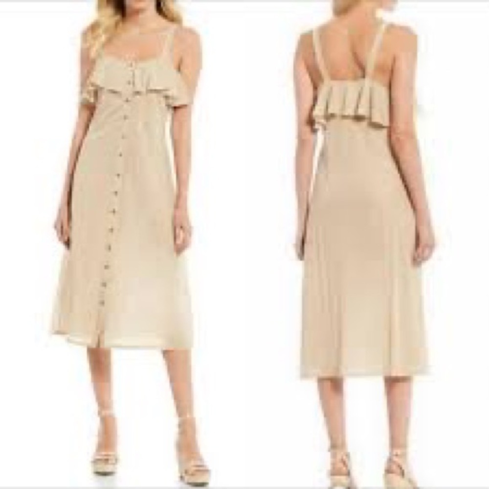 Gianni Bini Button Front Dress Women Size XS Beige Sleeveless Ruffle Bust Midi